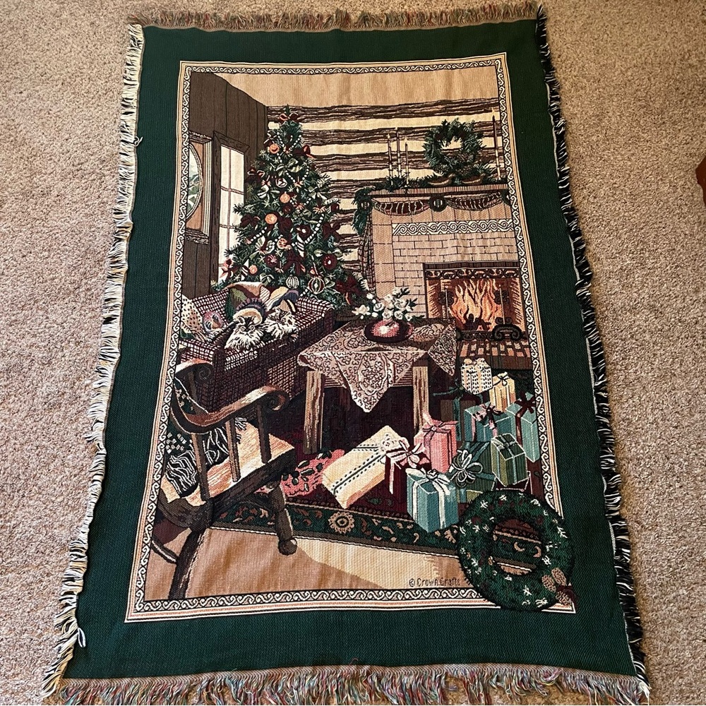 Vtg Goodwin Weavers Crown Crafts Fireside Christmas Tapestry Throw Made In USA